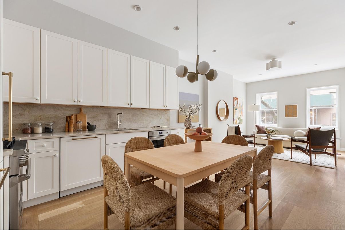 Dining room, Interior, Kitchen, Living room, Pendant Lights, Recessed Lighting, Stainless Steel Appliances, Wood Texture Flooring