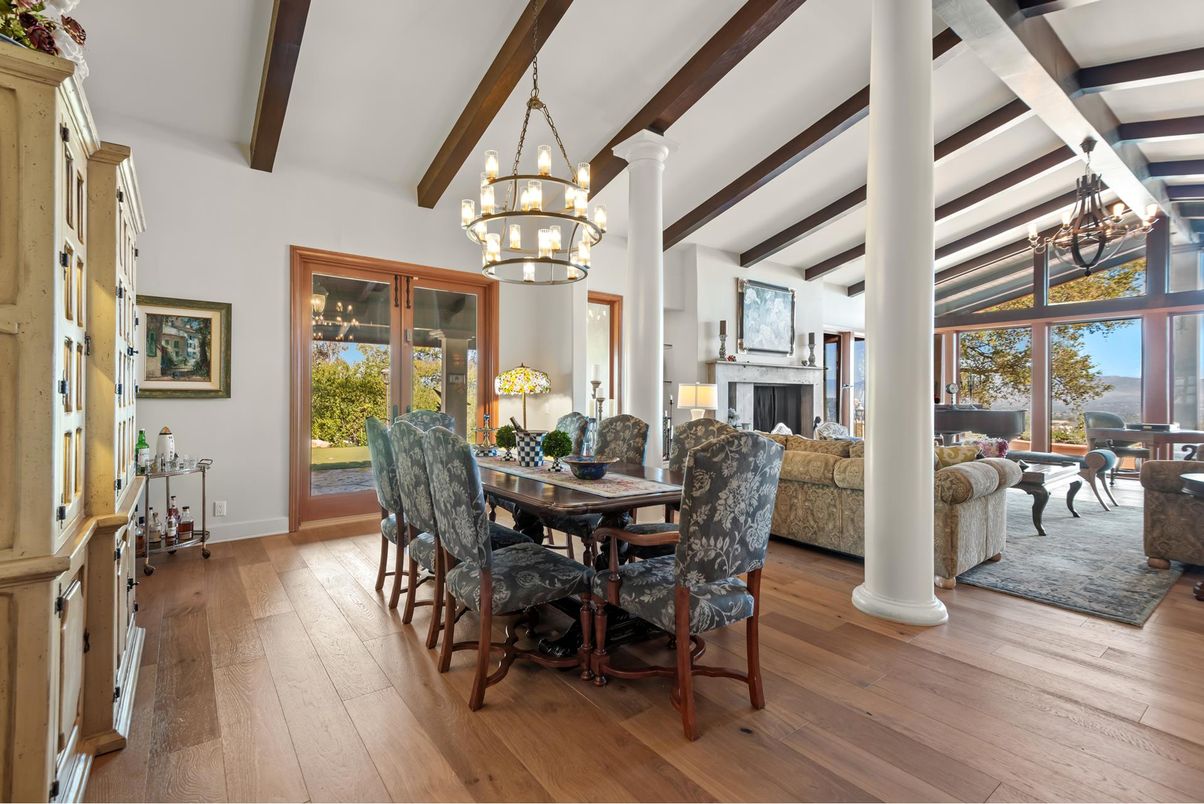Chandelier, Dining room, Fireplace, Interior, Wooden Beams, Wood Texture Flooring