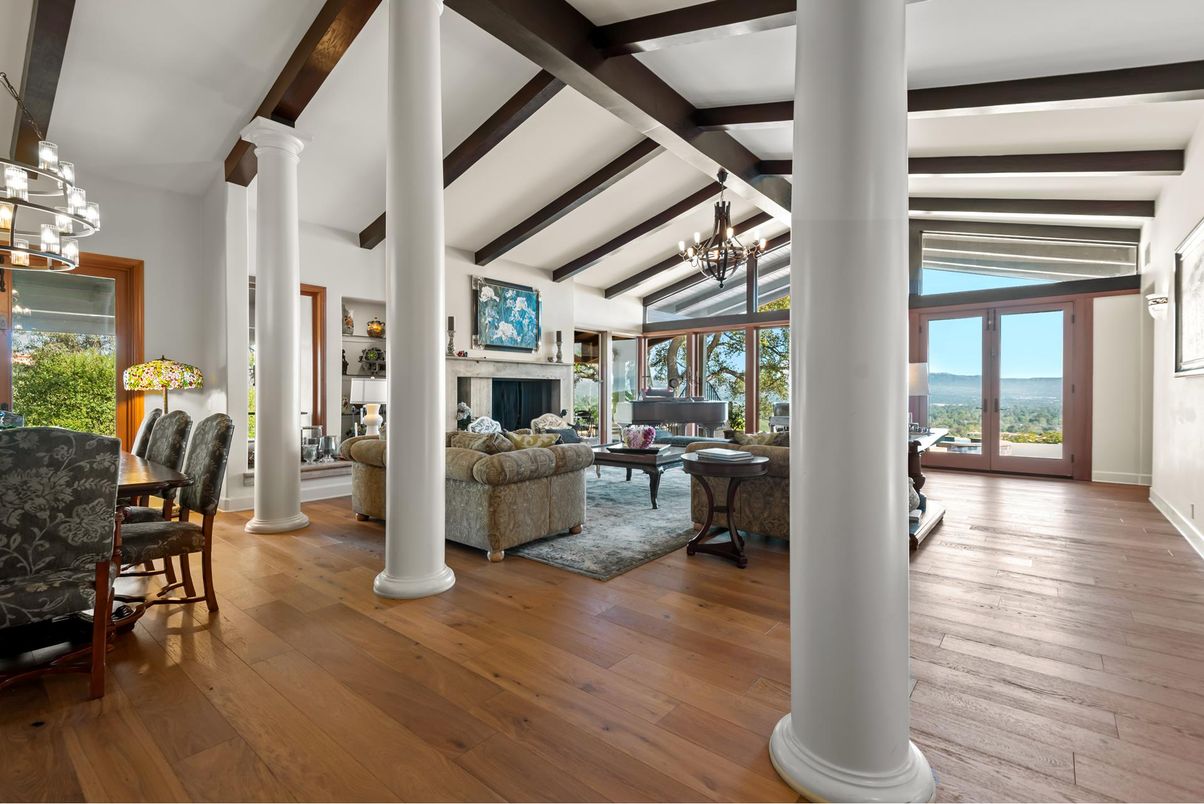 Chandelier, Dining room, Fireplace, Interior, Living room, Wooden Beams, Wood Texture Flooring
