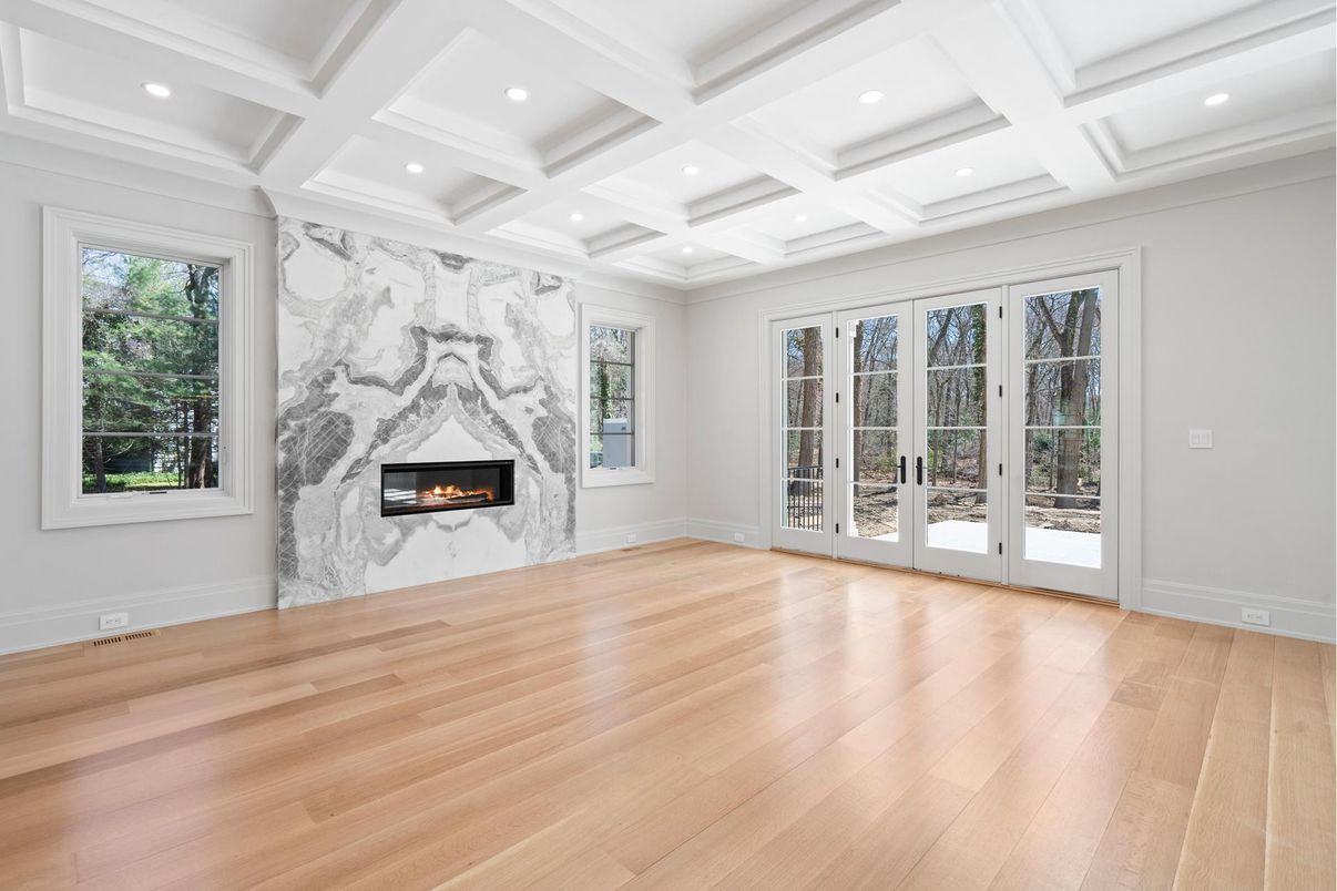 Empty room, Fireplace, Interior, Marble Walls, Recessed Lighting, Wood Texture Flooring