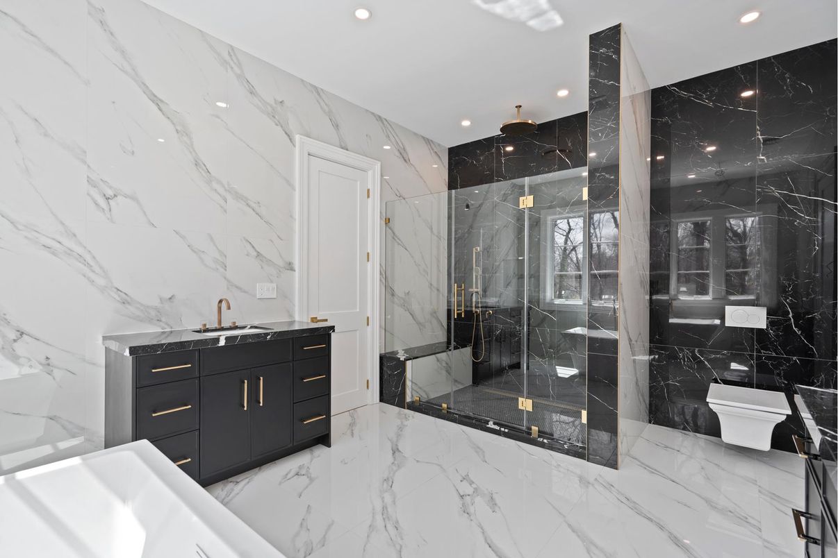 Bathroom, Glass Shower, Interior, Marble, Marble Walls, Recessed Lighting