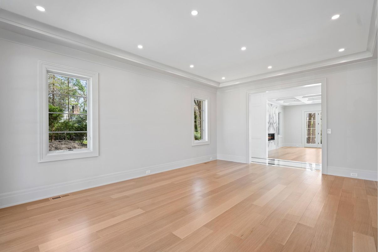 Empty room, Fireplace, Interior, Recessed Lighting, Wood Texture Flooring