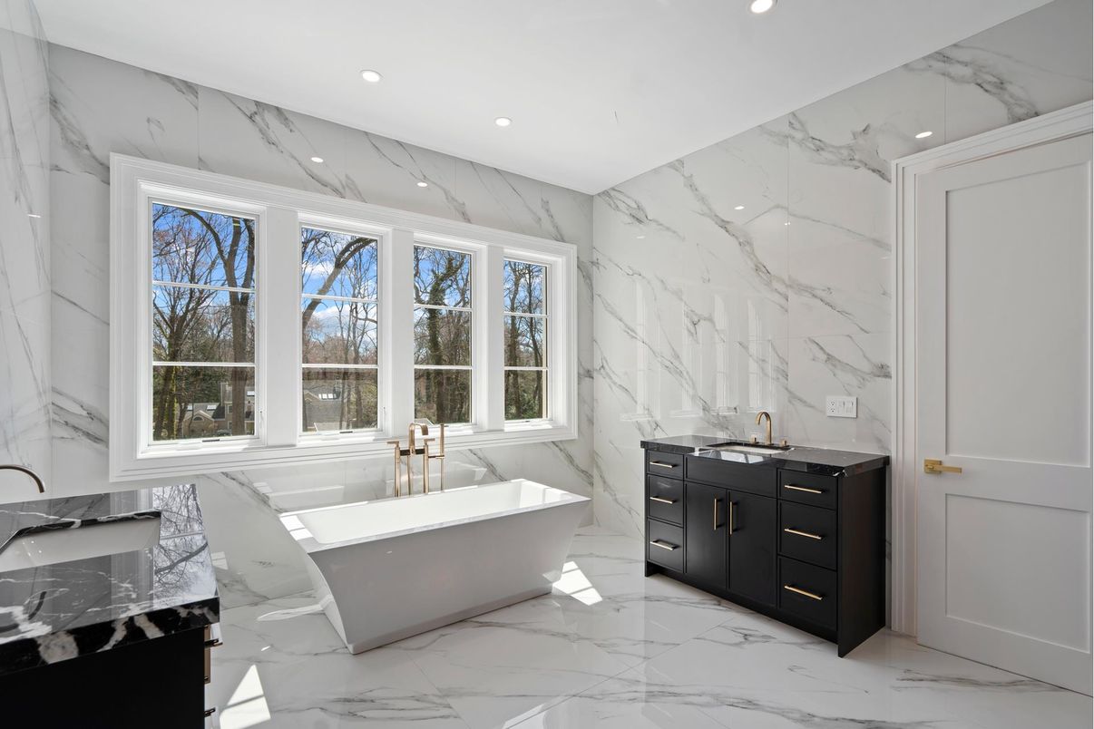 Bathroom, Dual Sink Vanities, Free Standing Baths, Interior, Marble, Marble Walls, Recessed Lighting