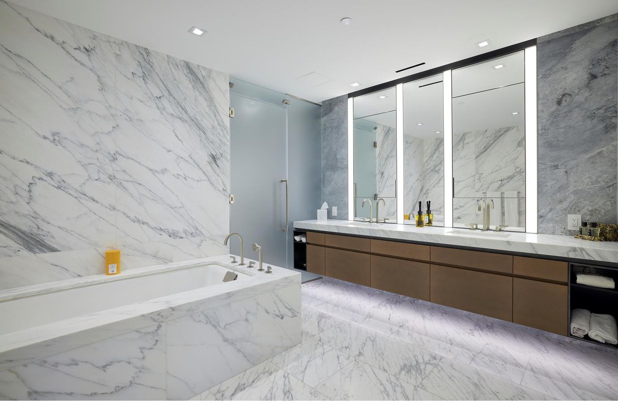 Bathroom, Dual Sink Vanities, Interior, Marble, Marble Walls, Recessed Lighting