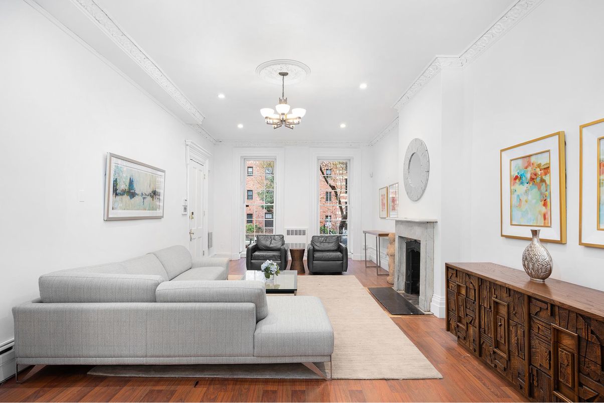 Chandelier, Fireplace, Interior, Living room, Recessed Lighting, Wood Texture Flooring