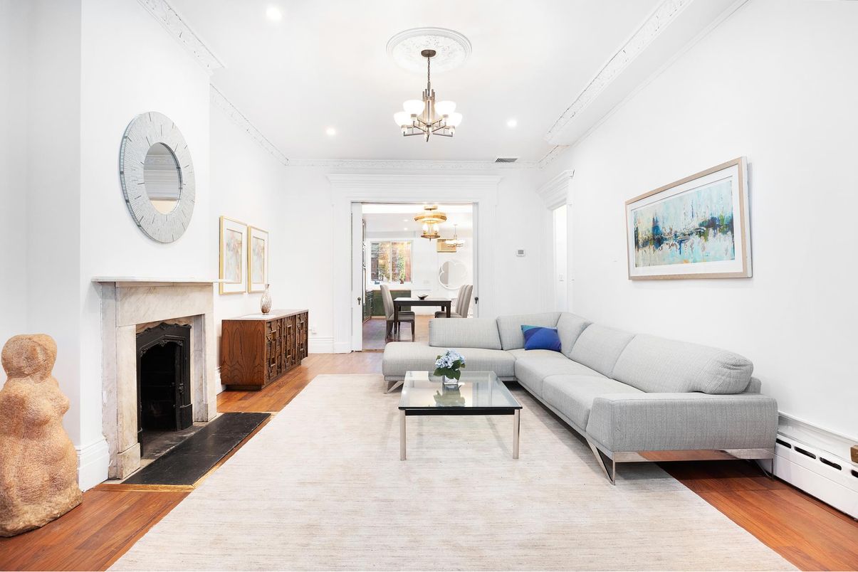 Chandelier, Dining room, Fireplace, Interior, Living room, Recessed Lighting, Wood Texture Flooring