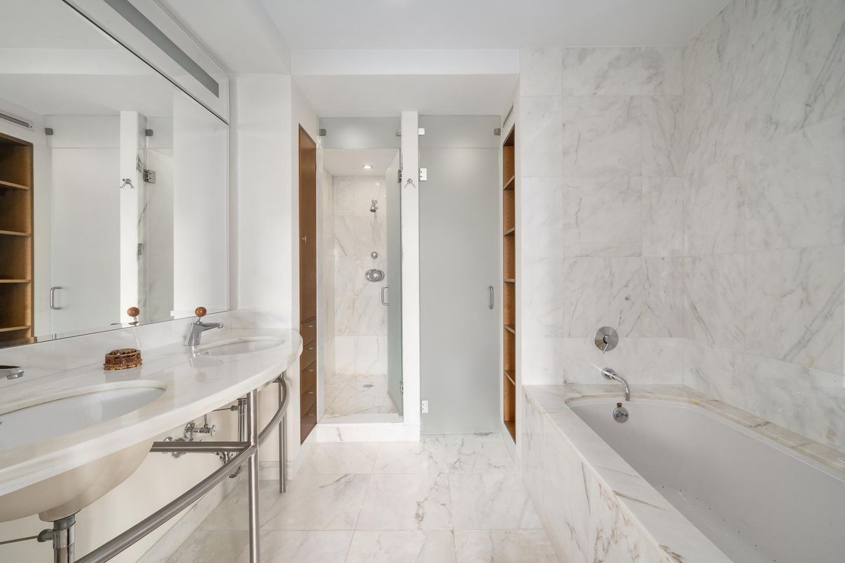 Bathroom, Dual Sink Vanities, Glass Shower, Interior, Marble, Marble Walls, Recessed Lighting