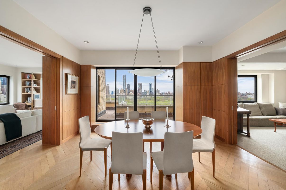 Dining room, Interior, Living room, Pendant Lights, Recessed Lighting, Wood Texture Flooring, Wooden Walls