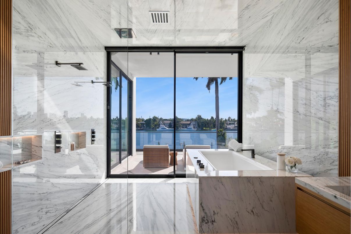 Bathroom, Glass Shower, Interior, Marble, Marble Walls, Water