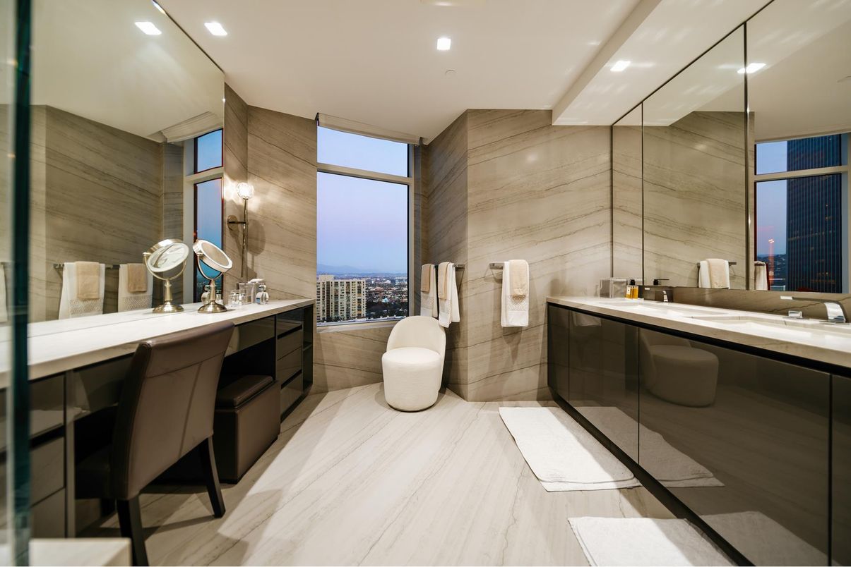 Bathroom, Glass Shower, Interior, Marble, Recessed Lighting, Wood Texture Flooring