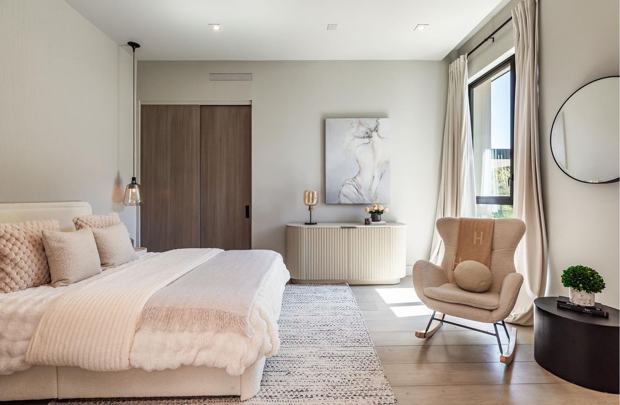 Bedroom, Interior, Recessed Lighting, Wood Texture Flooring