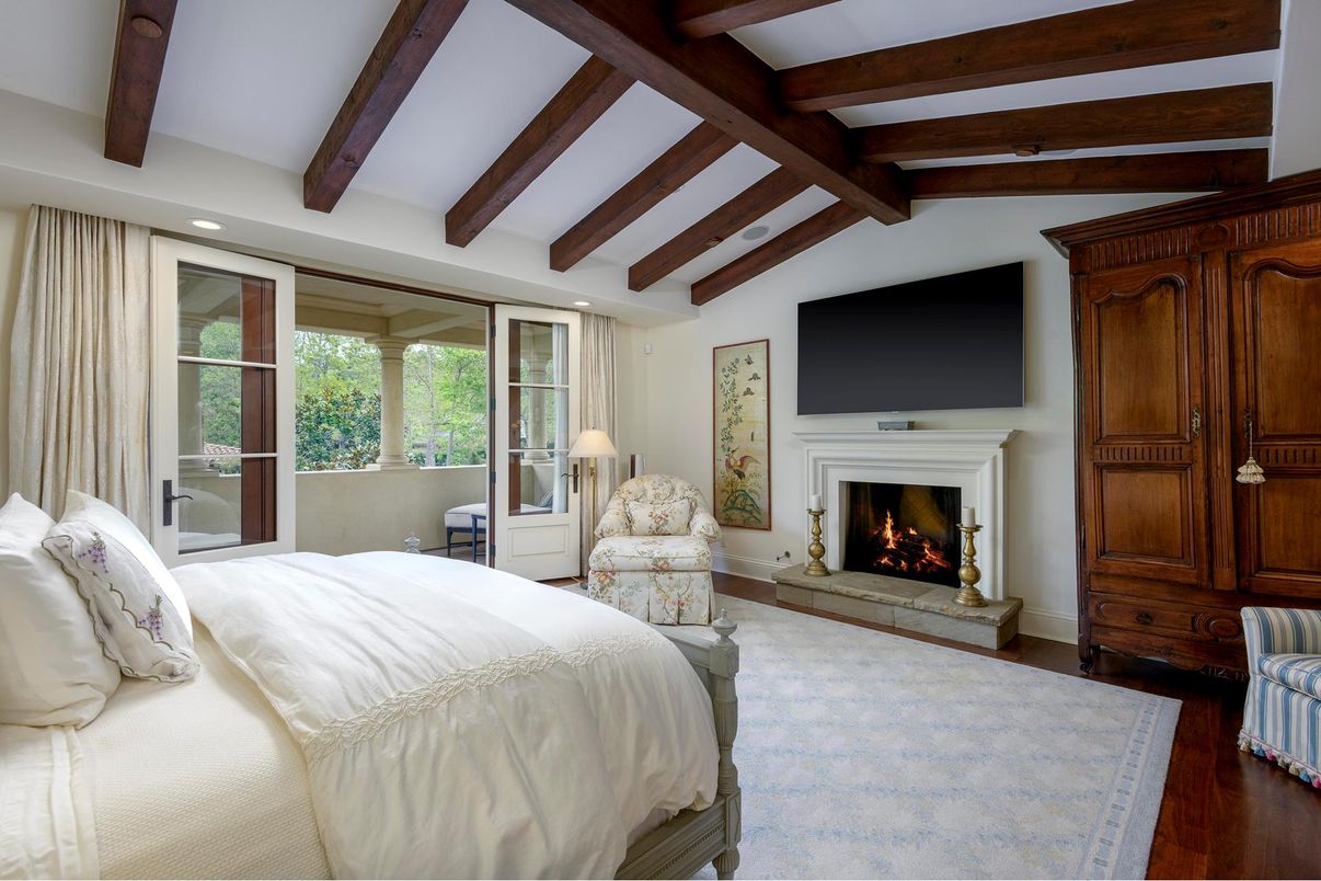Bedroom, Fireplace, Interior, Recessed Lighting, Wooden Beams, Wood Texture Flooring