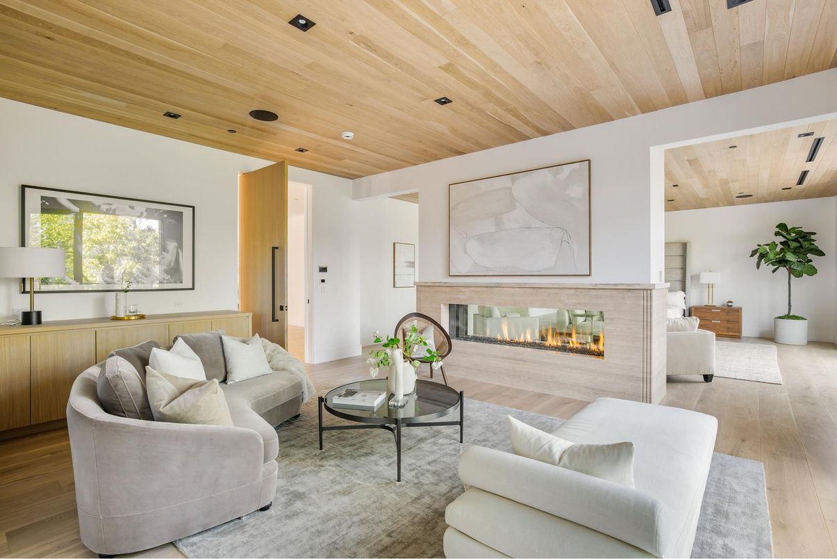 Fireplace, Interior, Living room, Recessed Lighting, Wooden Ceilings, Wood Texture Flooring