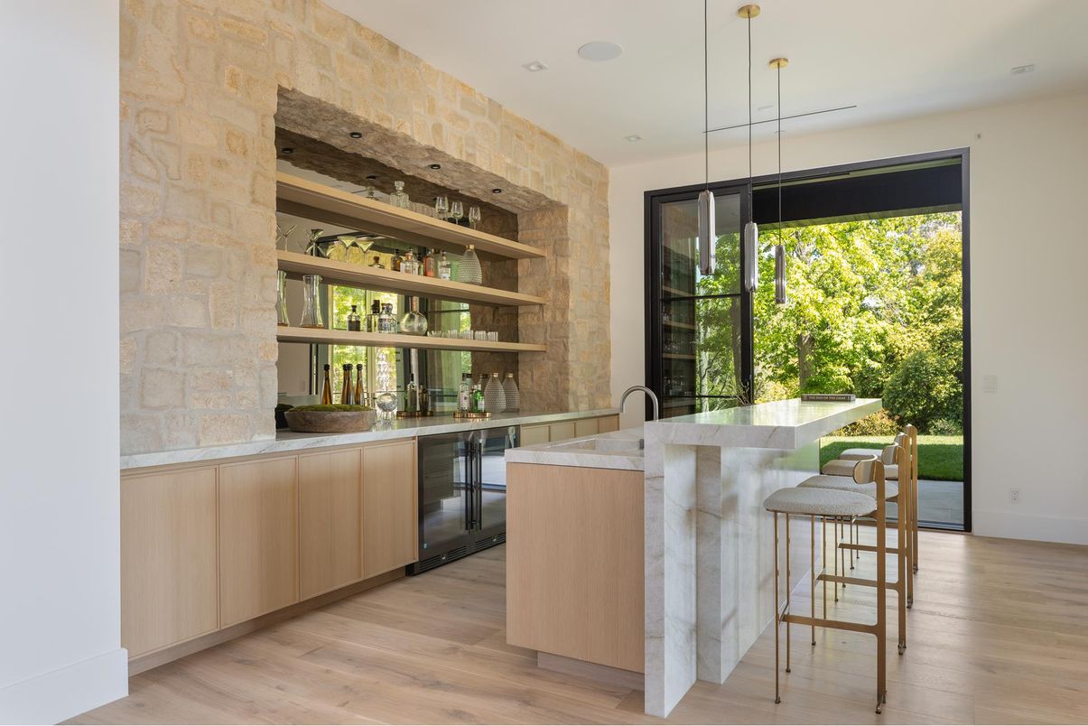 Interior, Pendant Lights, Recessed Lighting, Stone Walls, Wood Texture Flooring