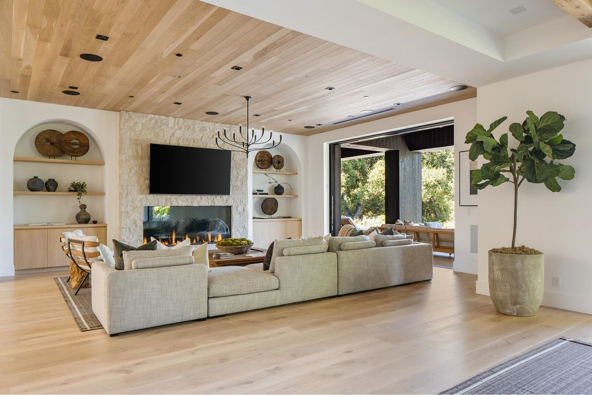 Fireplace, Interior, Living room, Pendant Lights, Recessed Lighting, Stone Walls, Wooden Ceilings, Wood Texture Flooring