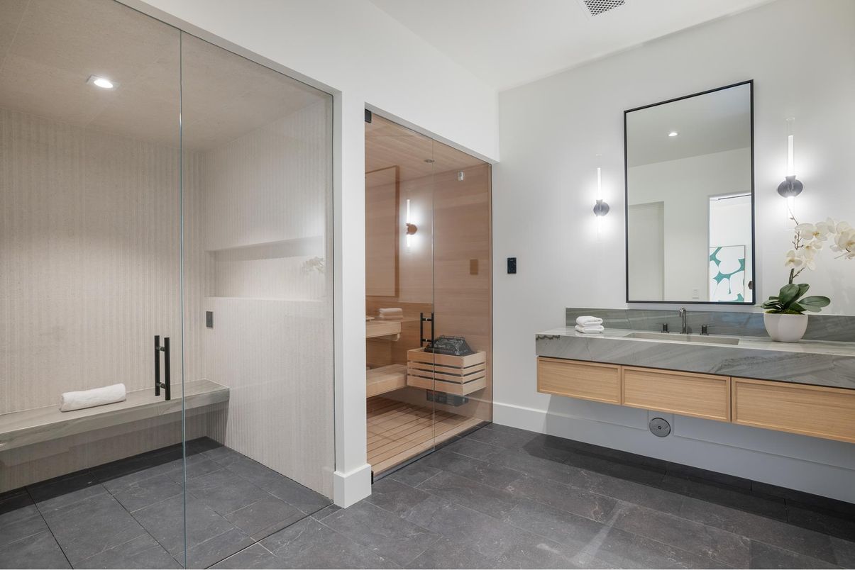 Bathroom, Dual Sink Vanities, Glass Shower, Interior, Recessed Lighting, Sauna Room
