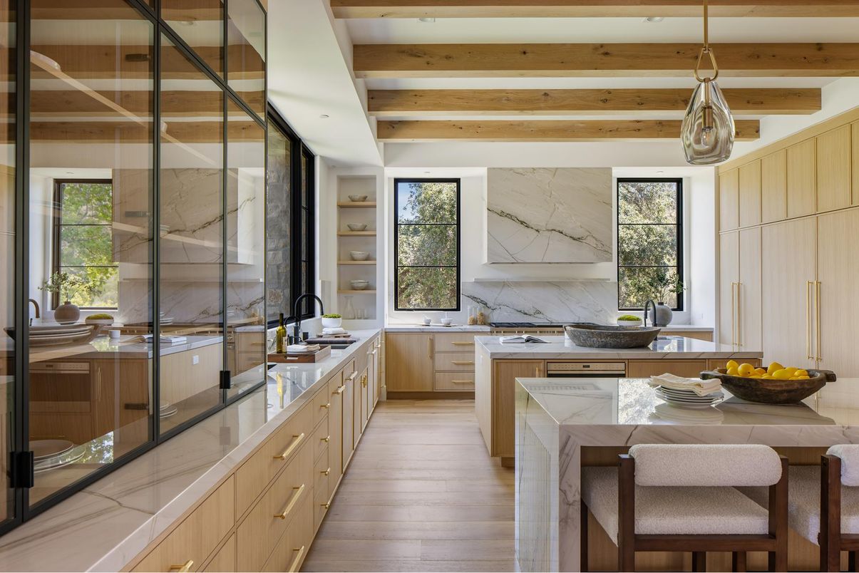 Interior, Kitchen, Marble Walls, Pendant Lights, Wooden Beams, Wood Texture Flooring