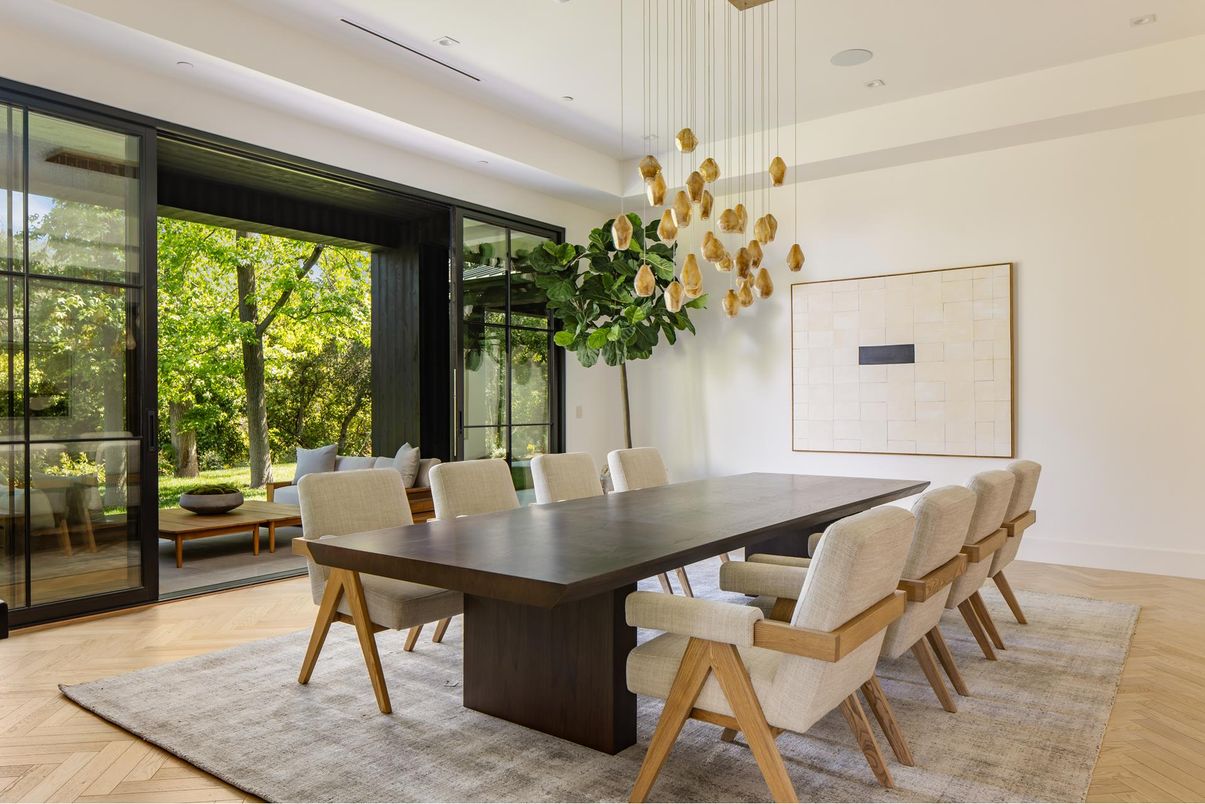 Dining room, Interior, Pendant Lights, Recessed Lighting, Wood Texture Flooring