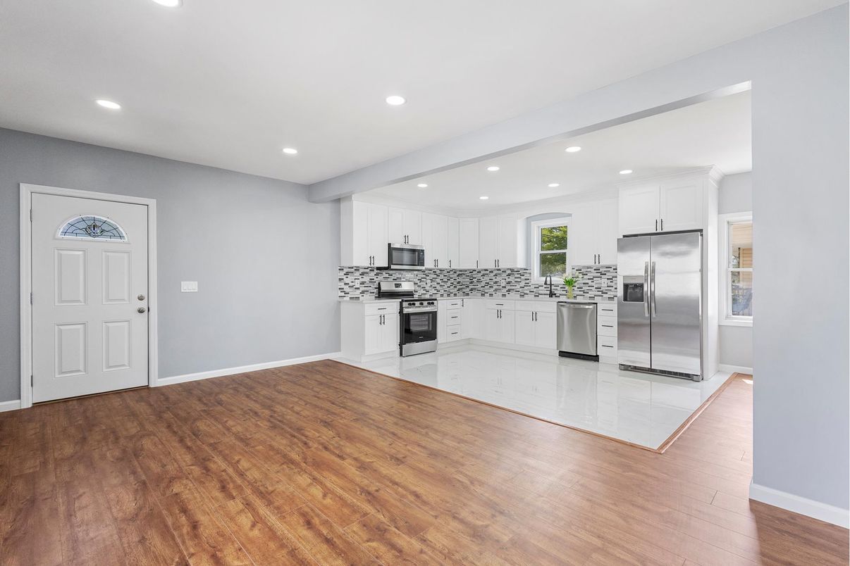 Interior, Kitchen, Recessed Lighting, Stainless Steel Appliances, Wood Texture Flooring