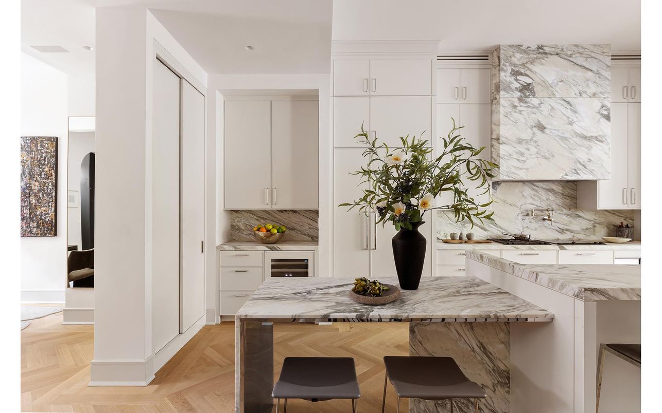 Interior, Kitchen, Marble Walls, Recessed Lighting, Wood Texture Flooring