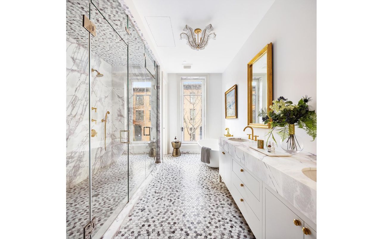 Bathroom, Chandelier, Dual Sink Vanities, Glass Shower, Interior, Marble Walls