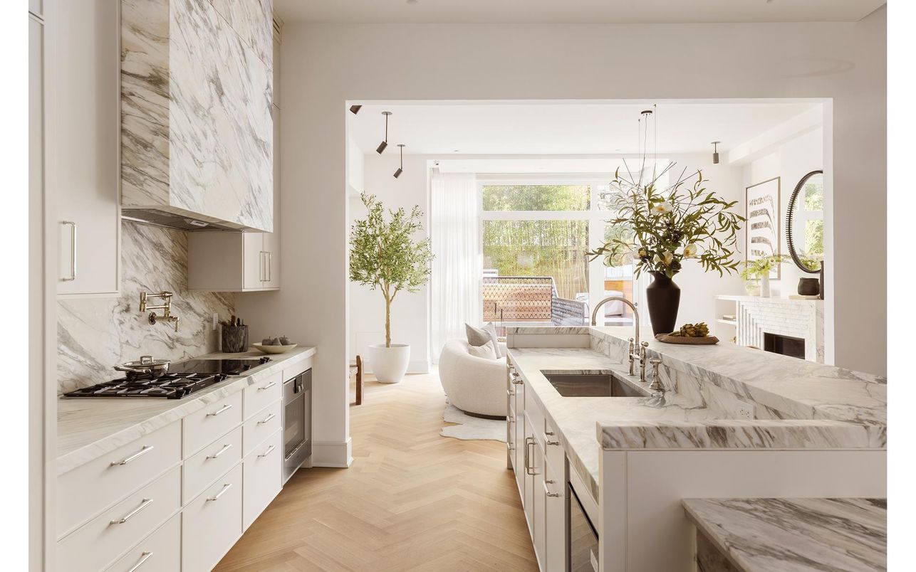 Interior, Kitchen, Marble Walls, Pendant Lights, Wood Texture Flooring
