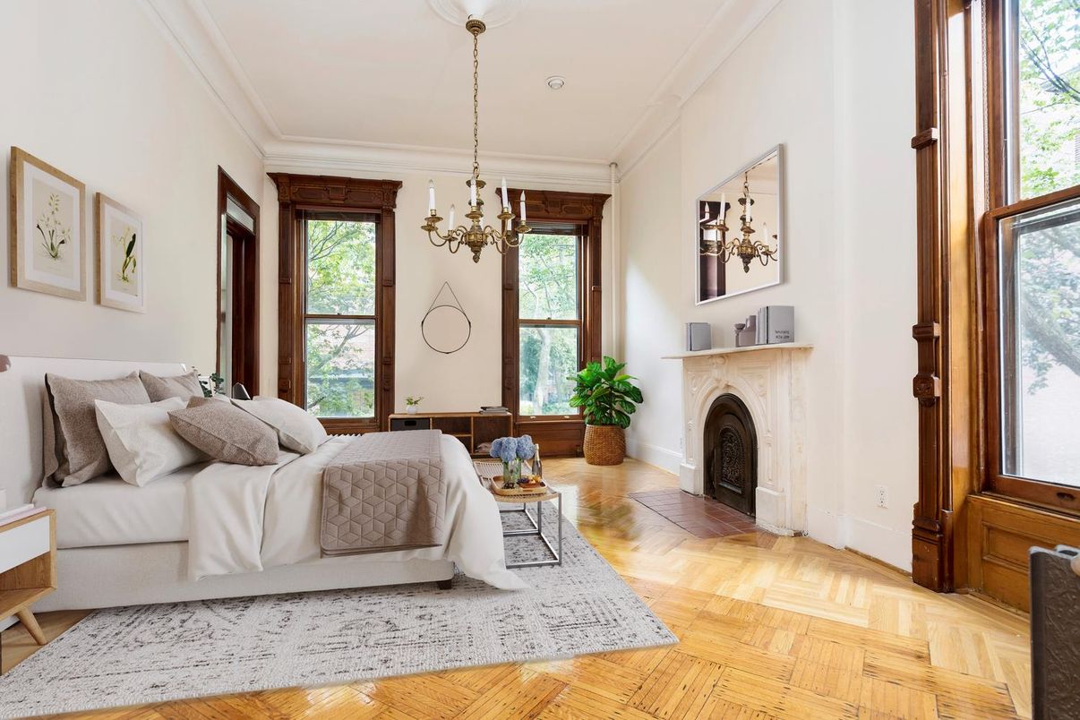 Bedroom, Chandelier, Fireplace, Interior, Wood Texture Flooring
