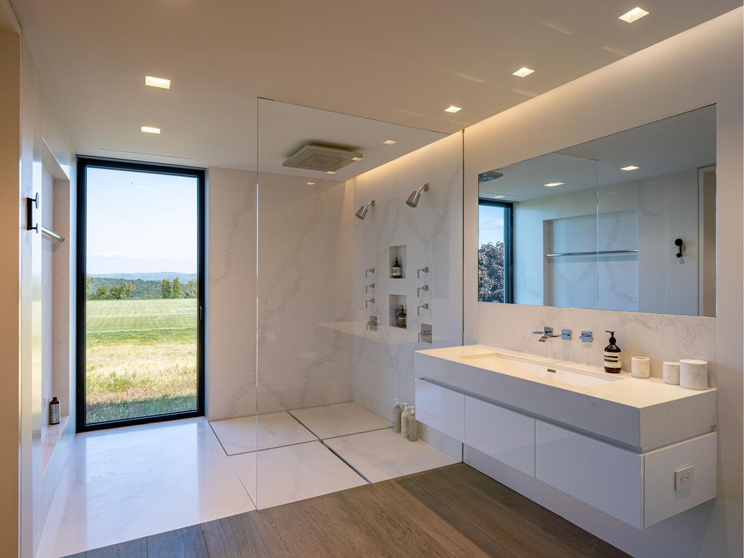 Bathroom, Glass Shower, Interior, Marble, Marble Walls, Recessed Lighting, Wood Texture Flooring
