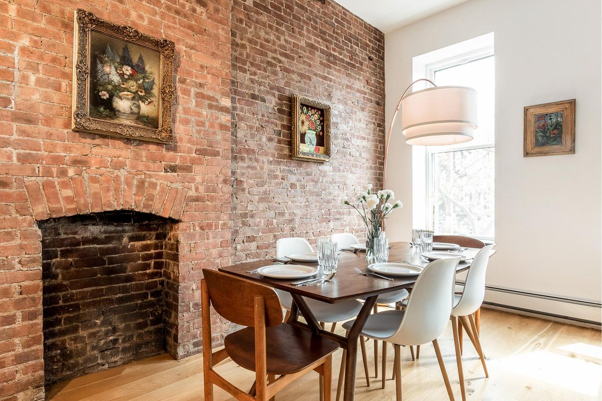 Dining room, Fireplace, Interior, Stone Walls, Wood Texture Flooring