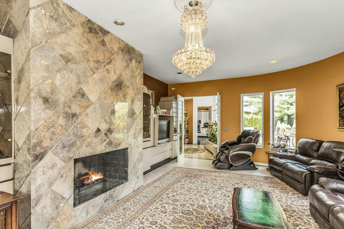 Chandelier, Fireplace, Interior, Living room, Recessed Lighting