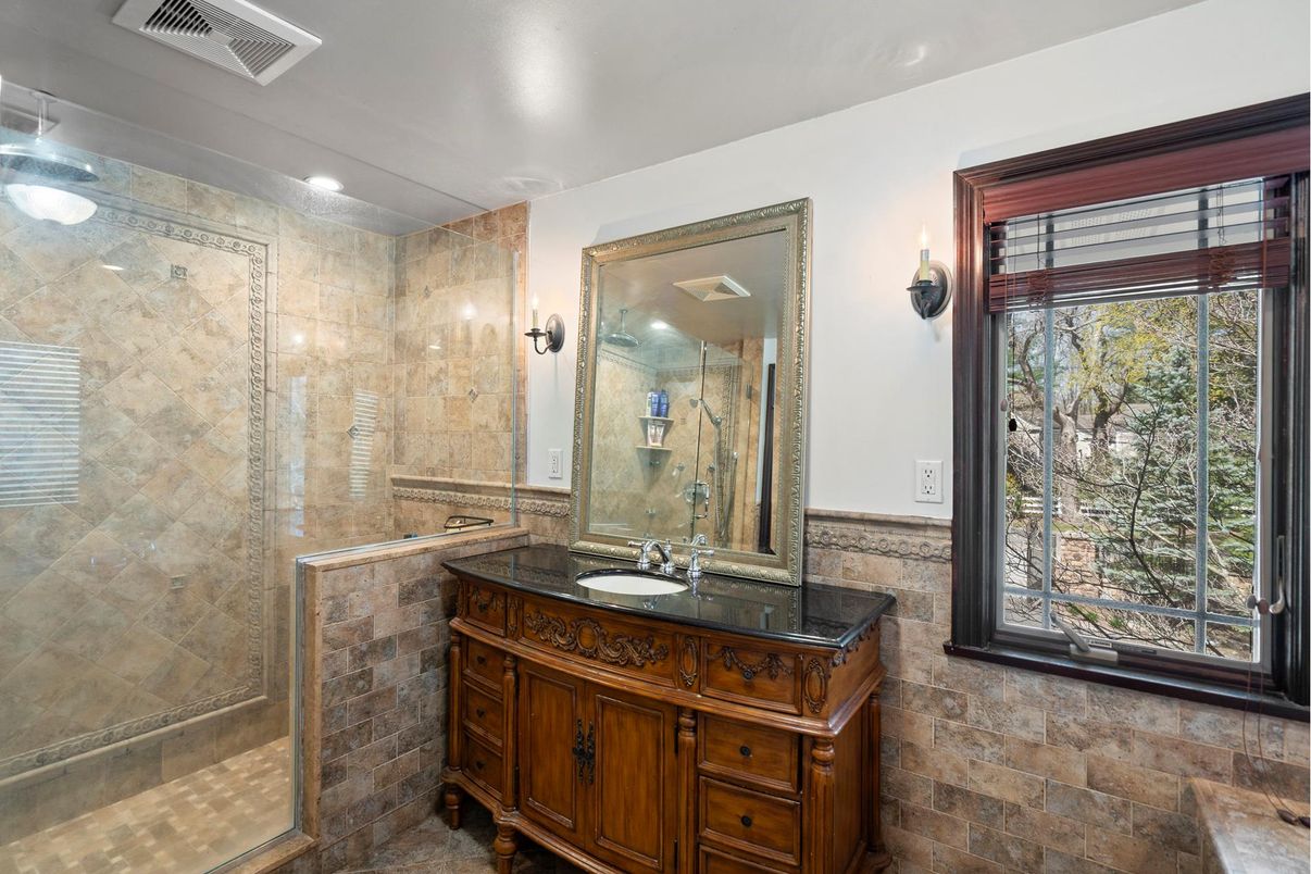 Bathroom, Glass Shower, Interior, Recessed Lighting, Stone Walls