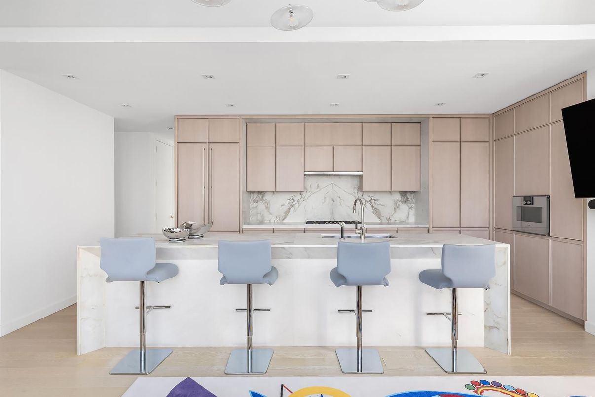 Interior, Kitchen, Marble Walls, Recessed Lighting, Wood Texture Flooring
