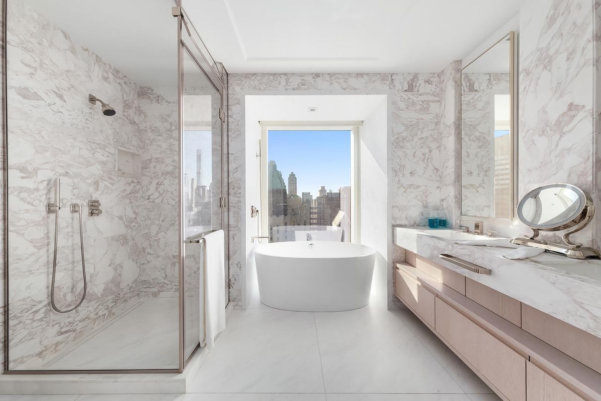 Bathroom, Dual Sink Vanities, Free Standing Baths, Glass Shower, Interior, Marble, Marble Walls