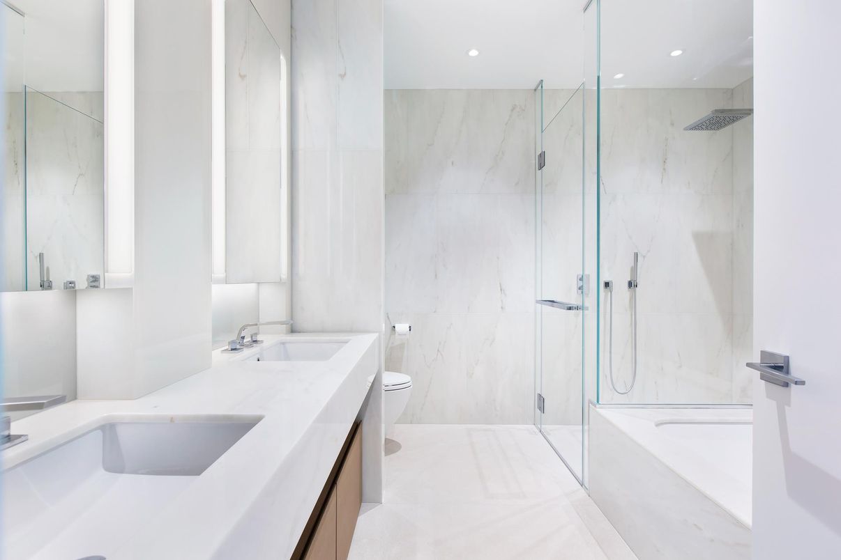 Bathroom, Dual Sink Vanities, Glass Shower, Interior, Marble Walls, Recessed Lighting