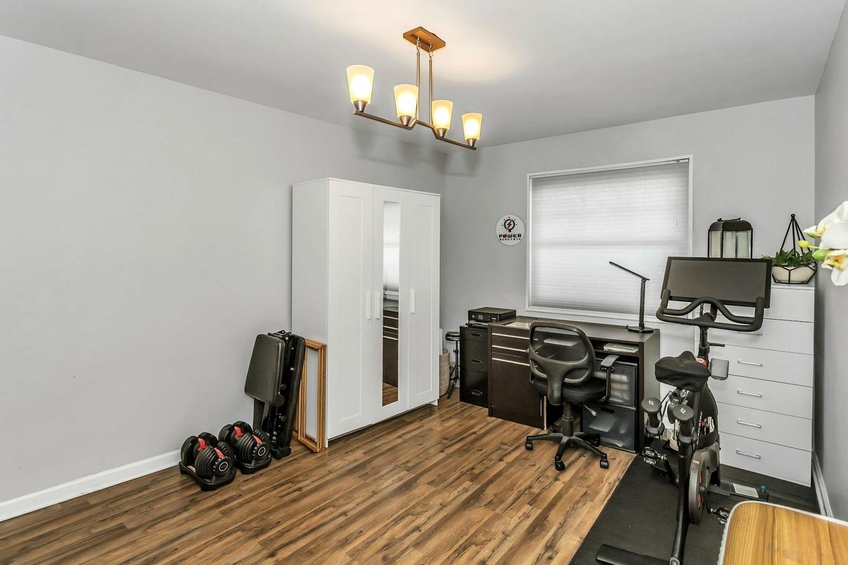 Chandelier, Fitness Equipment, Home Office, Interior, Wood Texture Flooring
