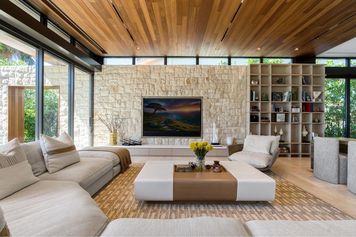 Interior, Living room, Recessed Lighting, Stone Walls, Wooden Ceilings, Wood Texture Flooring