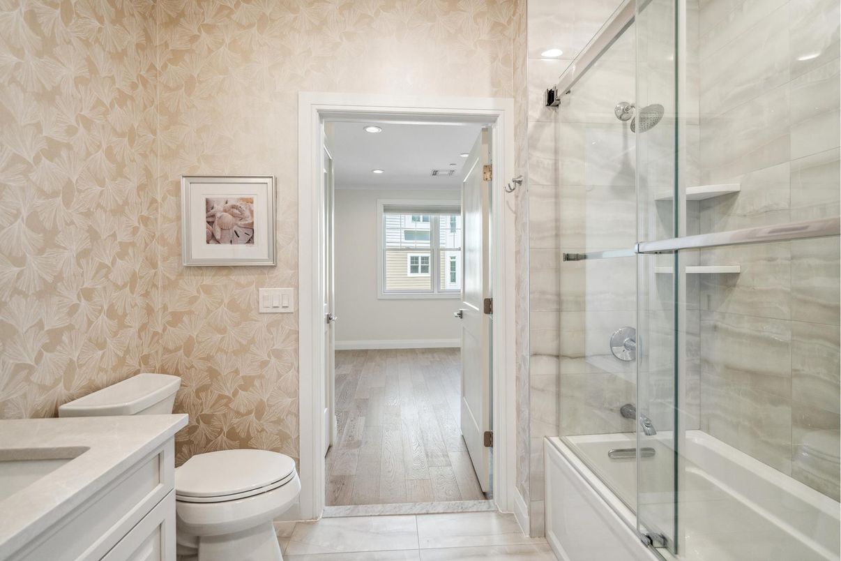 Bathroom, Glass Shower, Interior, Recessed Lighting, Wood Texture Flooring