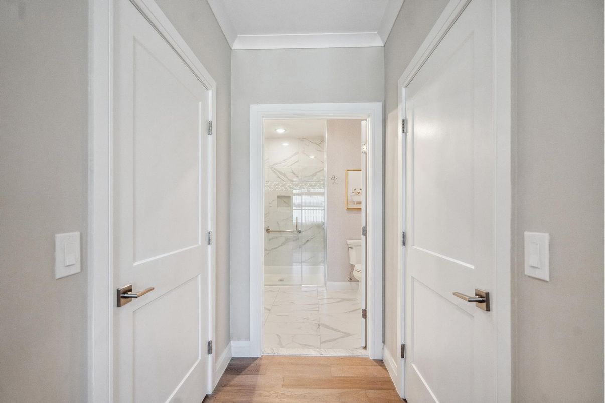 Bathroom, Interior, Marble, Marble Walls, Recessed Lighting, Wood Texture Flooring