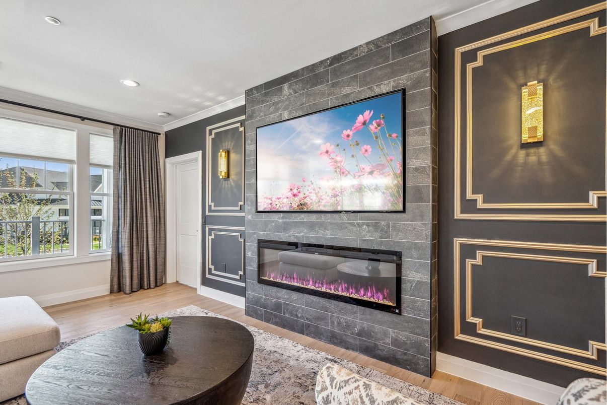 Fireplace, Interior, Recessed Lighting, Wood Texture Flooring