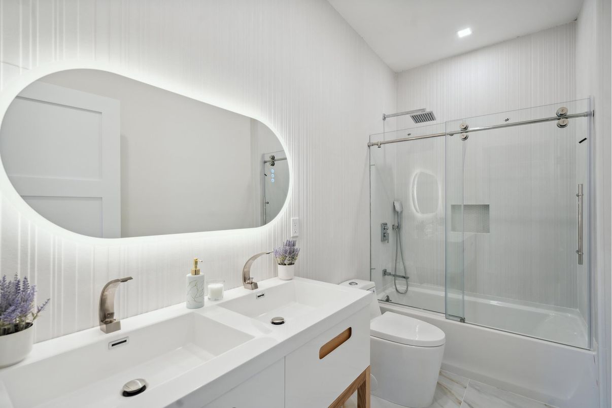 Bathroom, Dual Sink Vanities, Glass Shower, Interior, Recessed Lighting