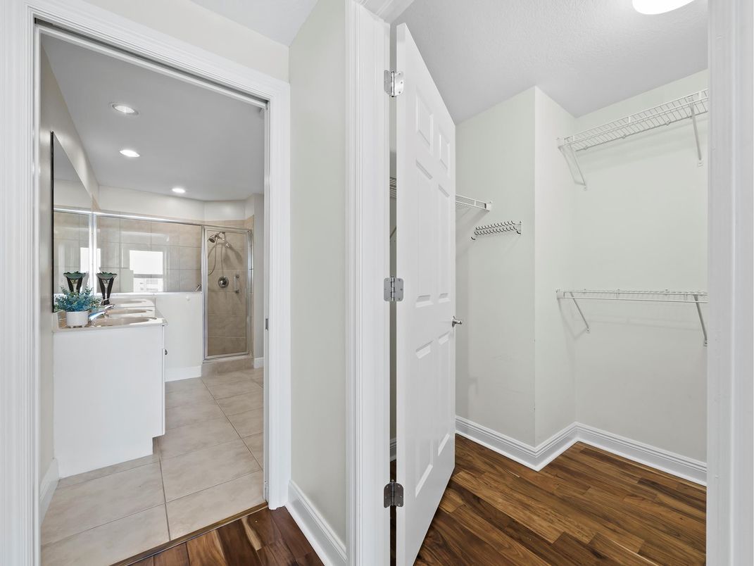 Bathroom, Glass Shower, Interior, Recessed Lighting, Walk-in Closets, Wood Texture Flooring