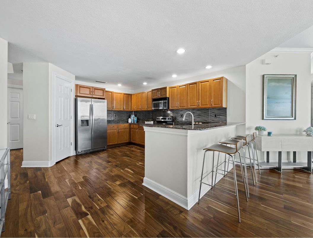 Interior, Kitchen, Recessed Lighting, Stainless Steel Appliances, Wood Texture Flooring