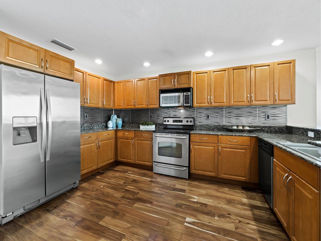 Interior, Kitchen, Recessed Lighting, Stainless Steel Appliances, Wood Texture Flooring