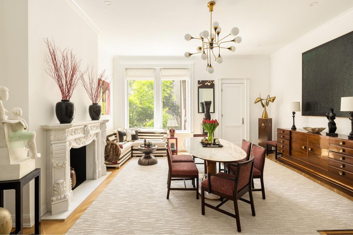 Dining room, Fireplace, Interior, Living room, Pendant Lights, Wood Texture Flooring