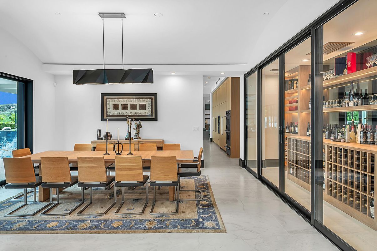 Dining room, Interior, Marble, Pendant Lights, Recessed Lighting, Wine Storage