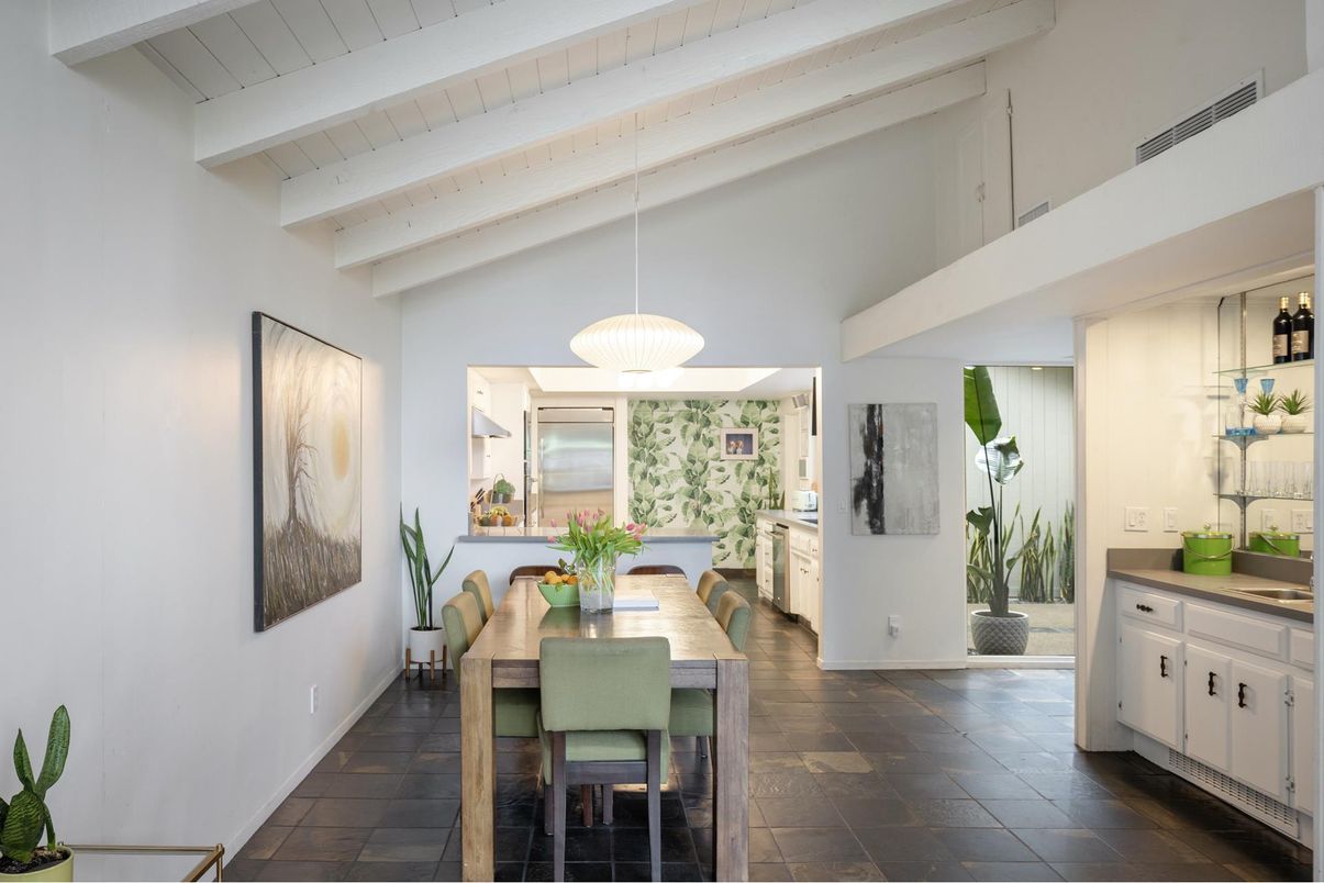 Dining room, Interior, Pendant Lights, Wood Texture Flooring