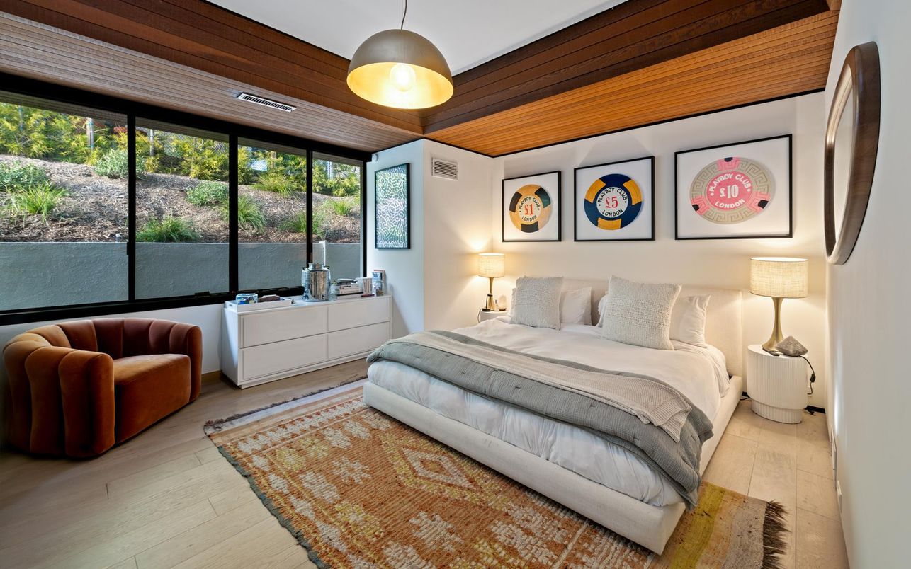 Bedroom, Interior, Pendant Lights, Wooden Ceilings, Wood Texture Flooring