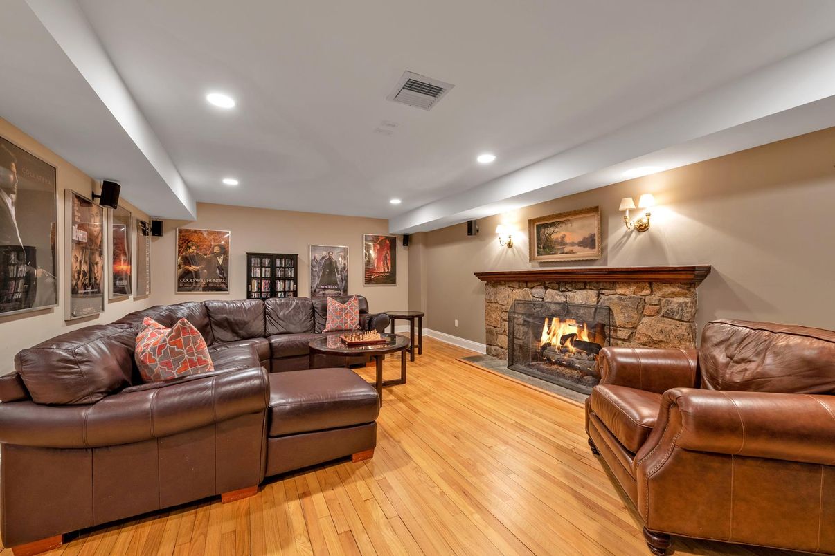 Fireplace, Interior, Living room, Recessed Lighting, Wood Texture Flooring
