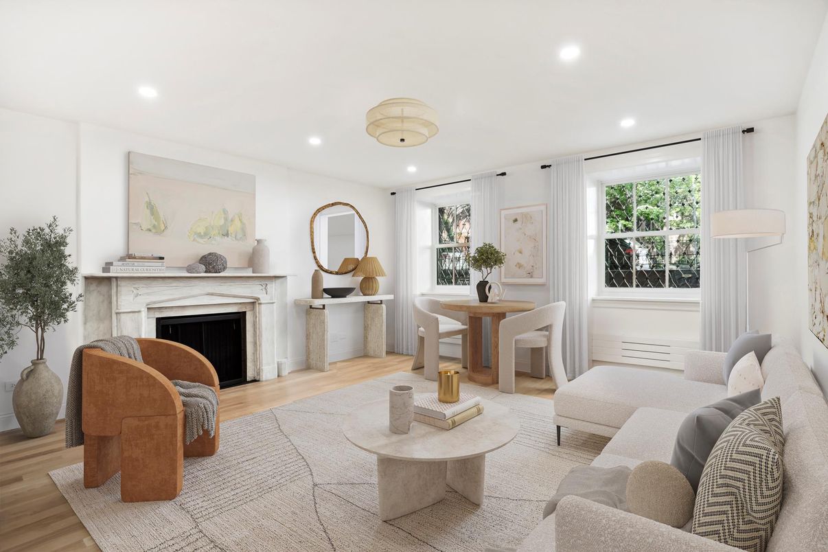 Dining room, Fireplace, Interior, Living room, Recessed Lighting, Wood Texture Flooring