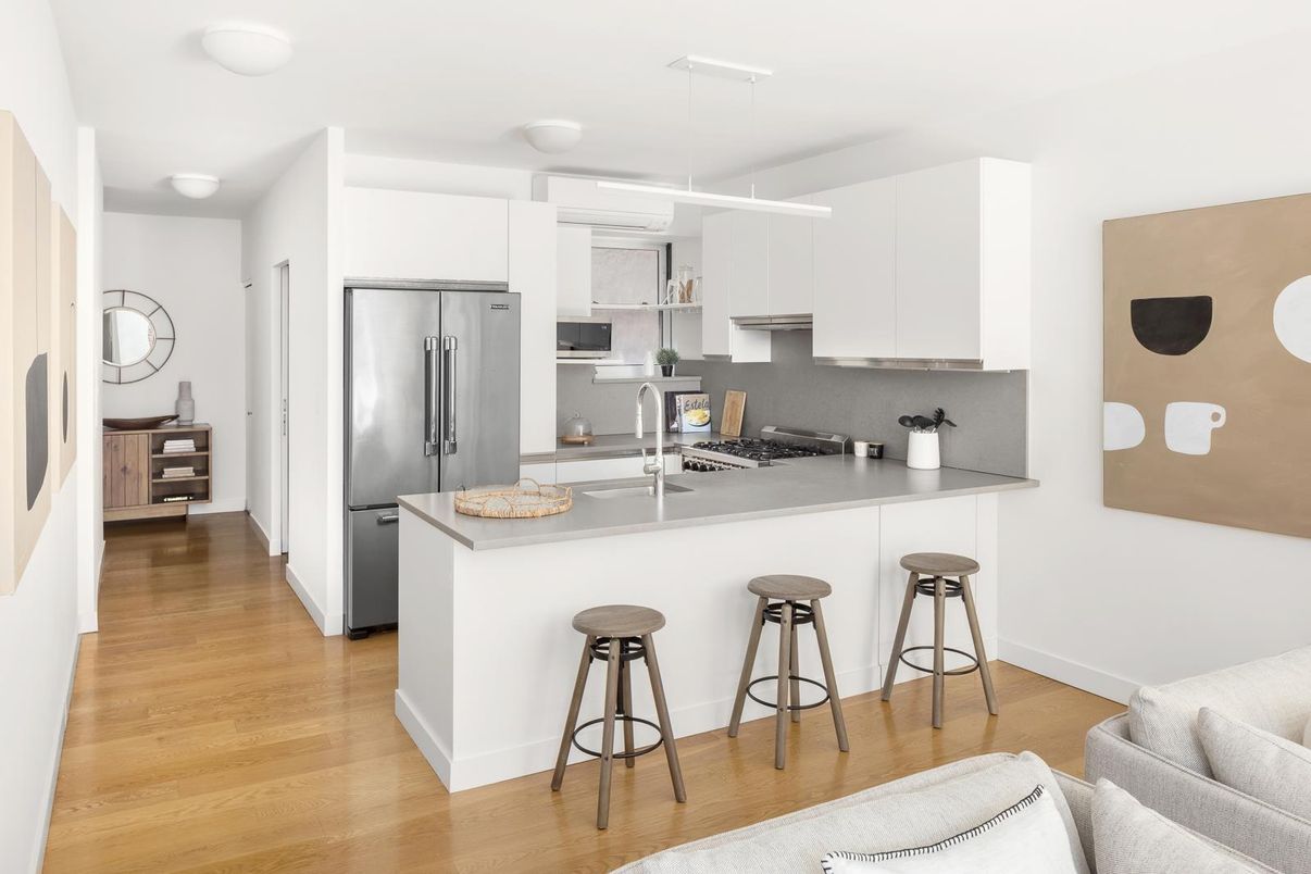 Interior, Kitchen, Pendant Lights, Stainless Steel Appliances, Wood Texture Flooring